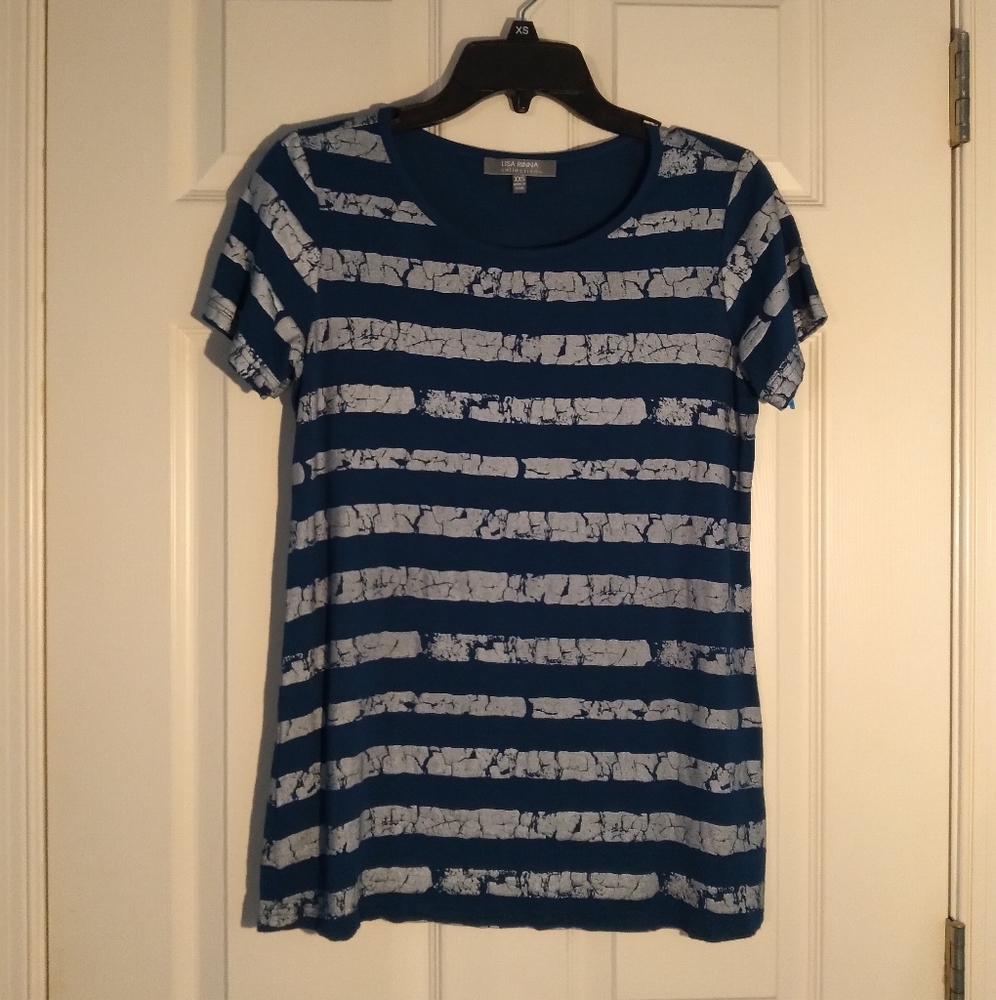 Lisa Rinna Collection Women's Distressed Stripe Short Sleeve Tee Top - Size XXS